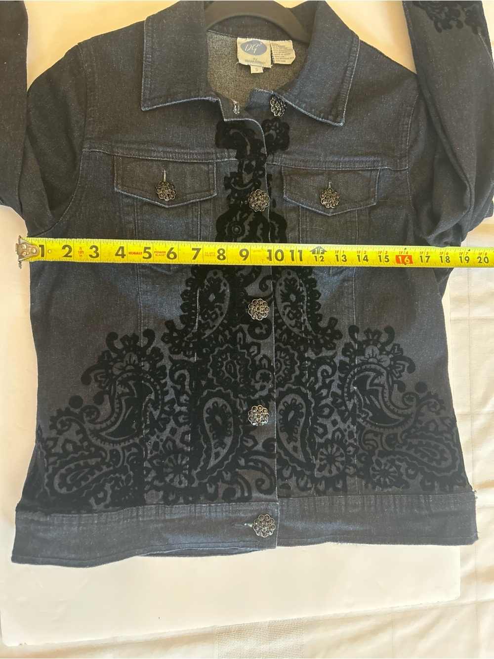 DG2 by Diane Gilman Dark Blue Denim Jacket with Black Velvet Burnout - Picture 8 of 9